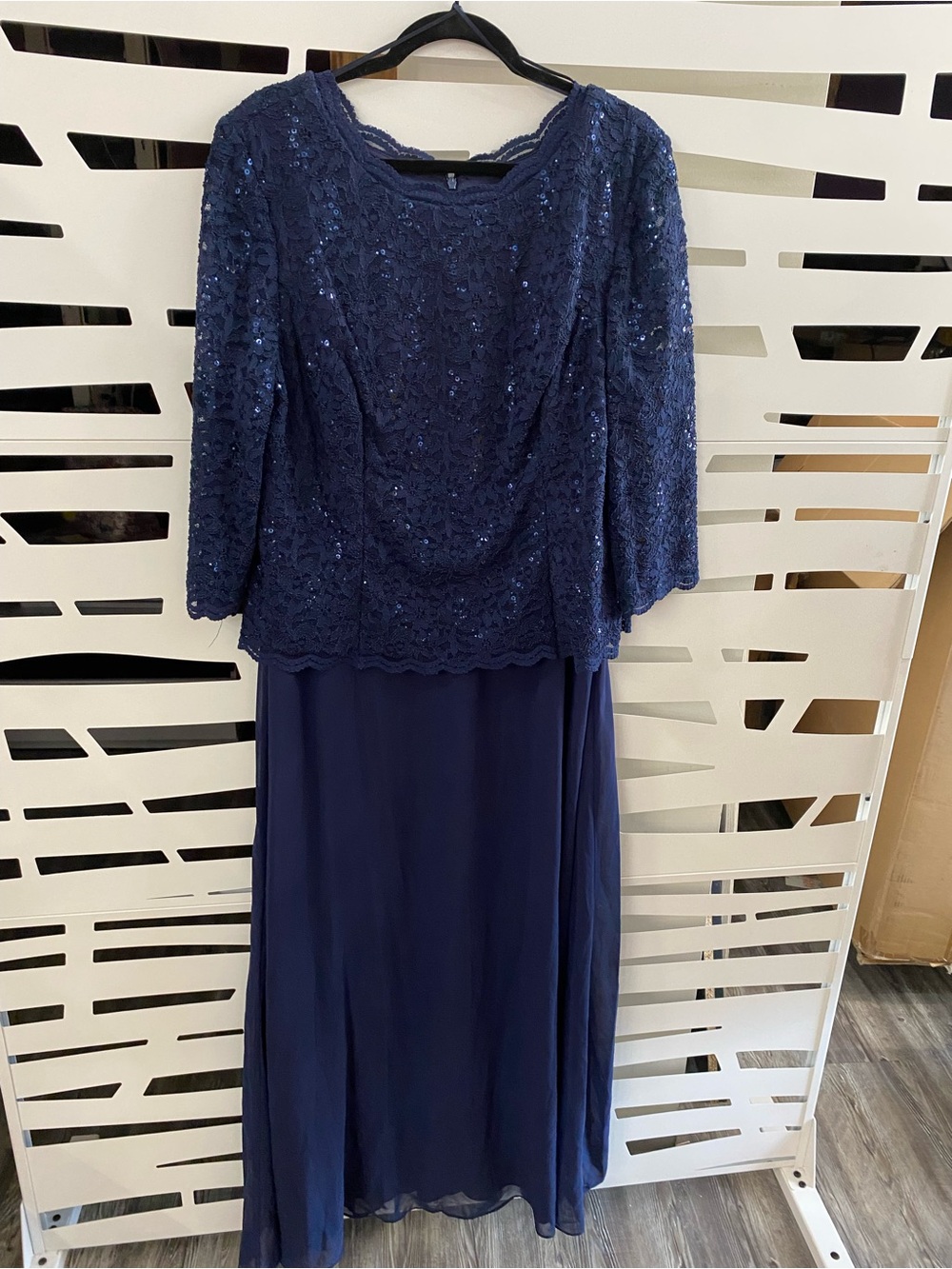 Alex Evenings Navy Sequined Lace & Chiffon Gown